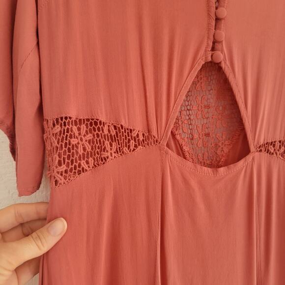 Tobi Coral Pink Lace Cuttout Button Front Accent Sheere Back Slit Maxi Dress S - Picture 11 of 15
